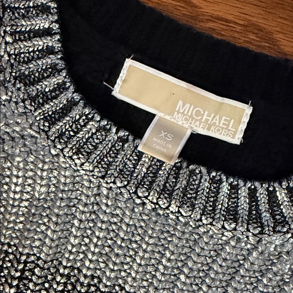 Michael Kors metallic coated Black and Silver Striped Crewneck Sweater